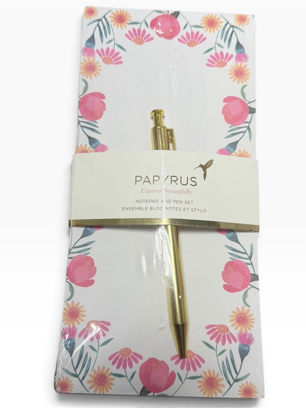 Papyrus Floral Long Desk Notepad & Gold Pen Set – New Sealed